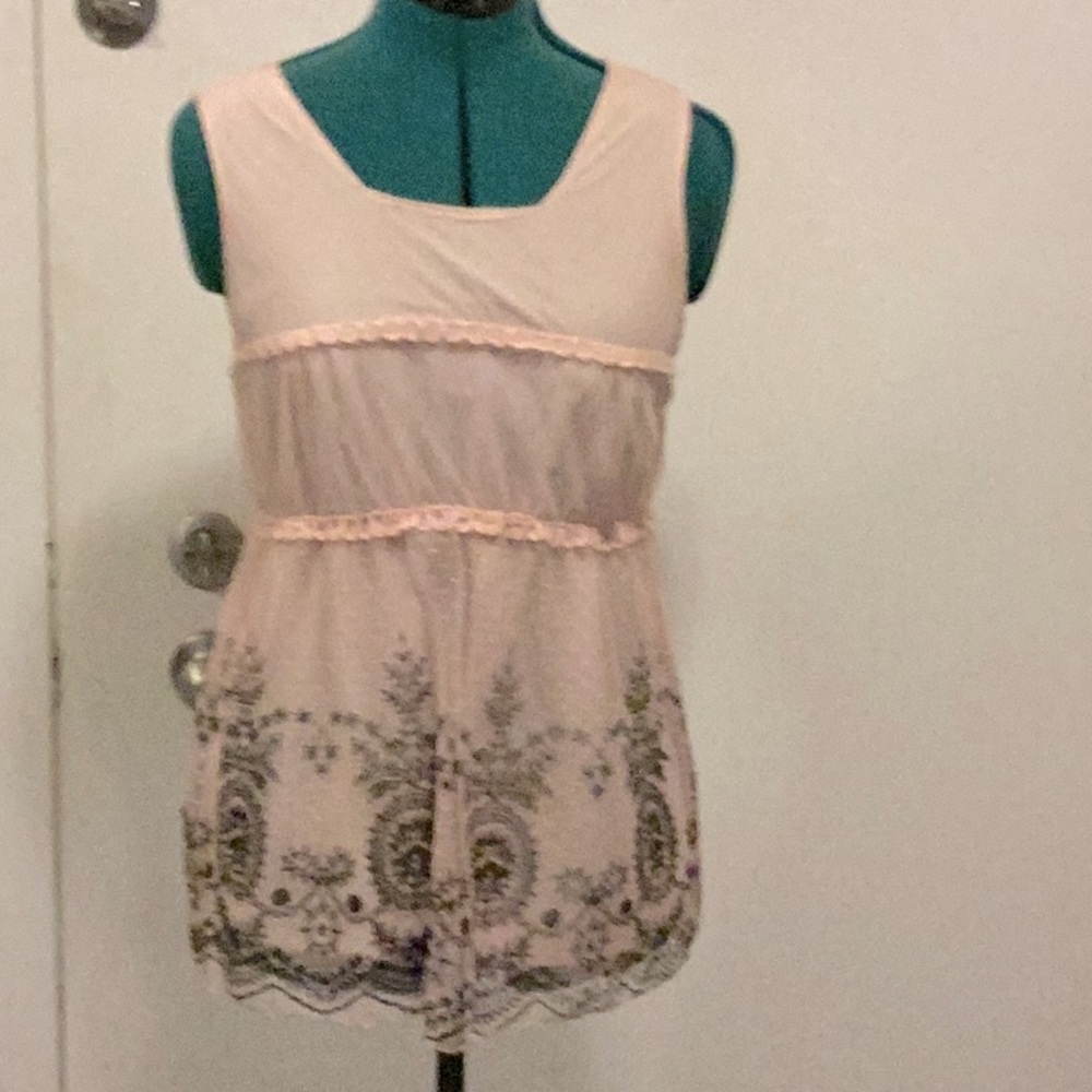 Brand ultra pink Babydoll soft pink top, w/ black floral bottom accents